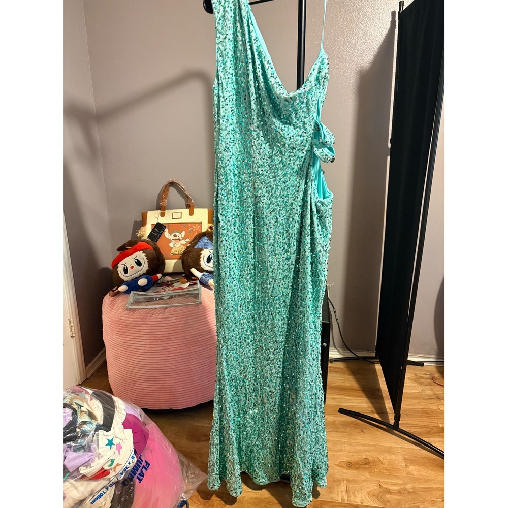 Turquoise Sequin Formal Gown Draped Sparkle Dress Sz XXL